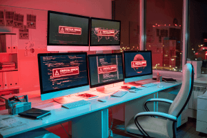 Computerarbeitsplatz mit Warnmeldungen vor Cyberangriffen auf mehreren Bildschirmen